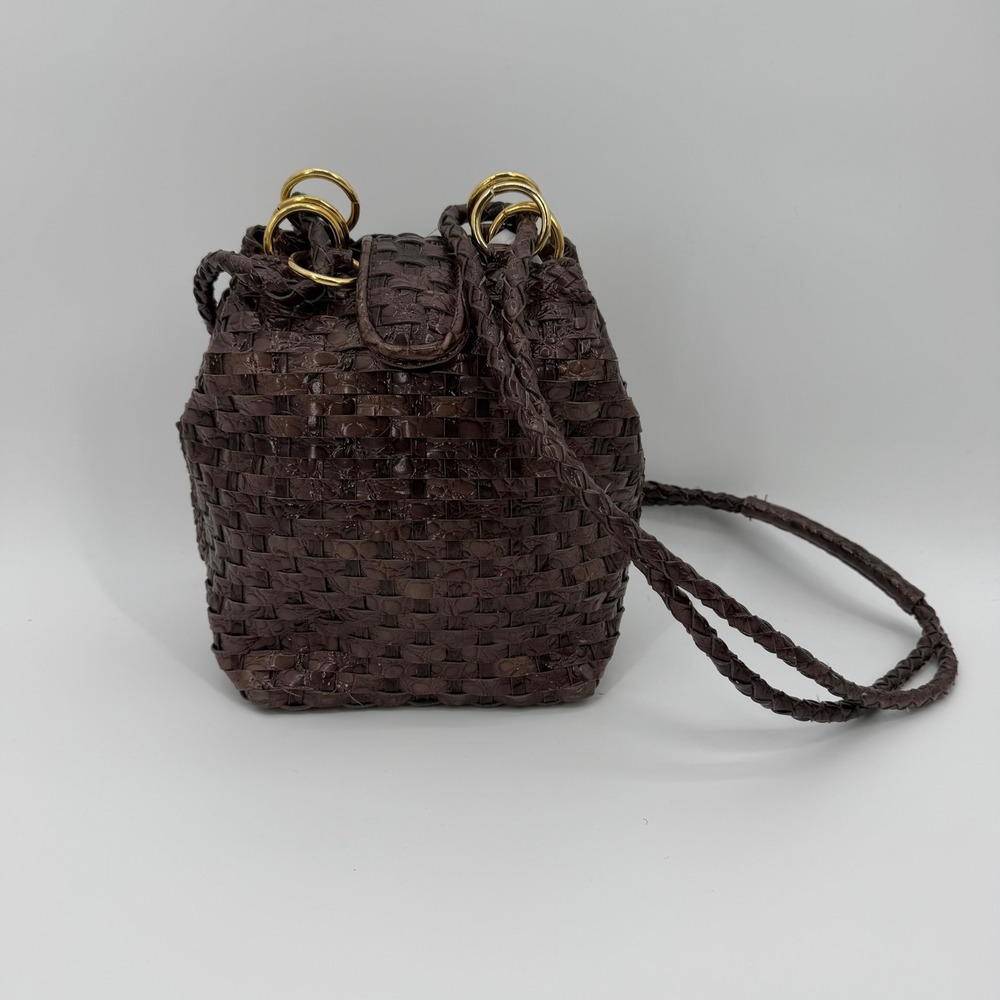 Vintage Y&S Brown Woven Croc Embossed Bucket Bag Drawstring Crossbody